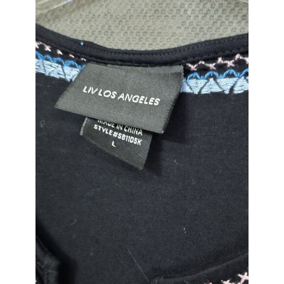 LIV Los Angeles Large Black Floral Embroidered Boho Casual Top Johnny Was - Picture 6 of 8